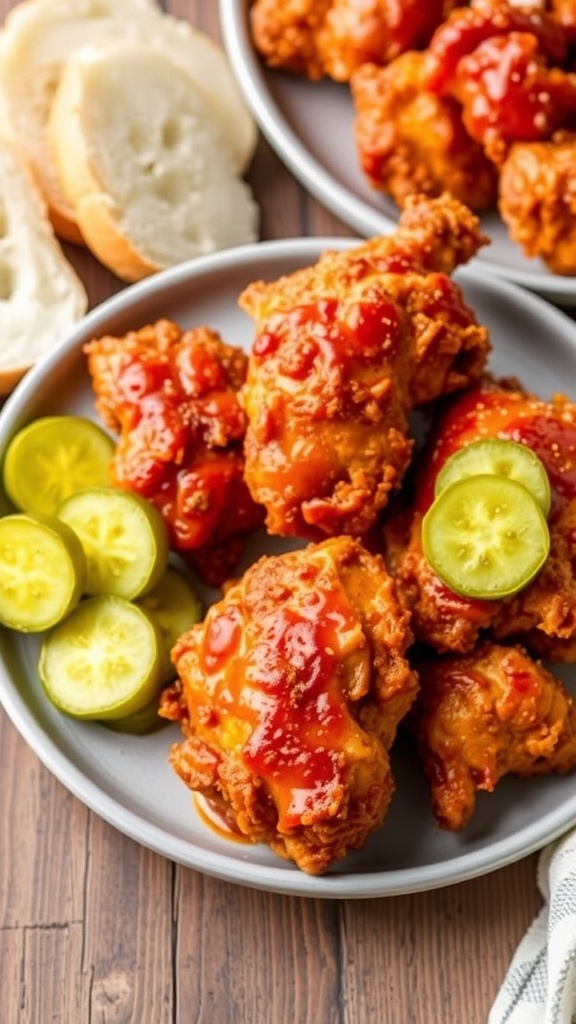 Air Fryer Nashville Hot Chicken Recipe Crispy Nashville hot chicken on a plate with pickles and bread, showcasing a golden brown color and spicy glaze.